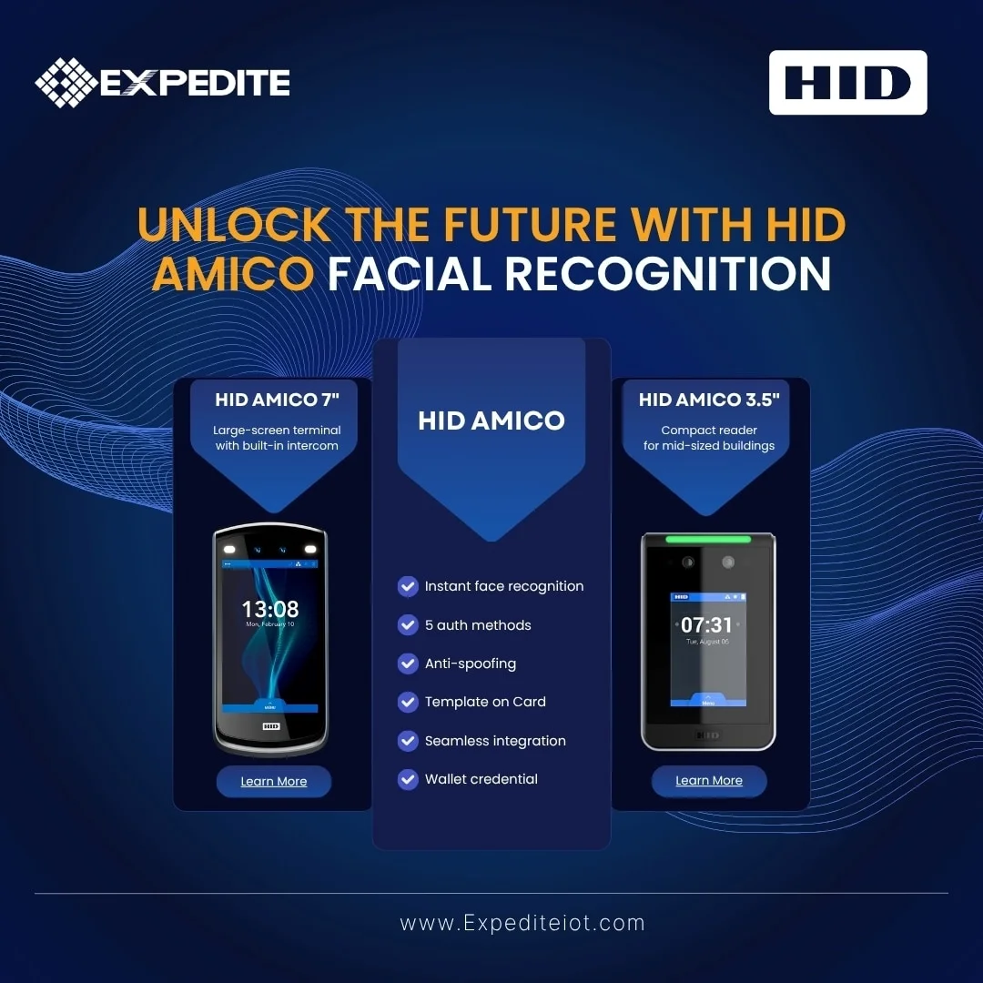 HID Amico facial reader hardware close-up showing camera and IR sensor array