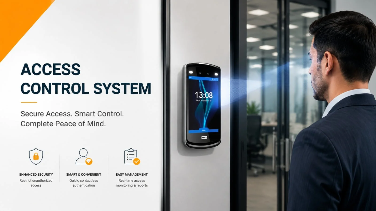 Biometric access control system with facial recognition reader mounted at a glass office door