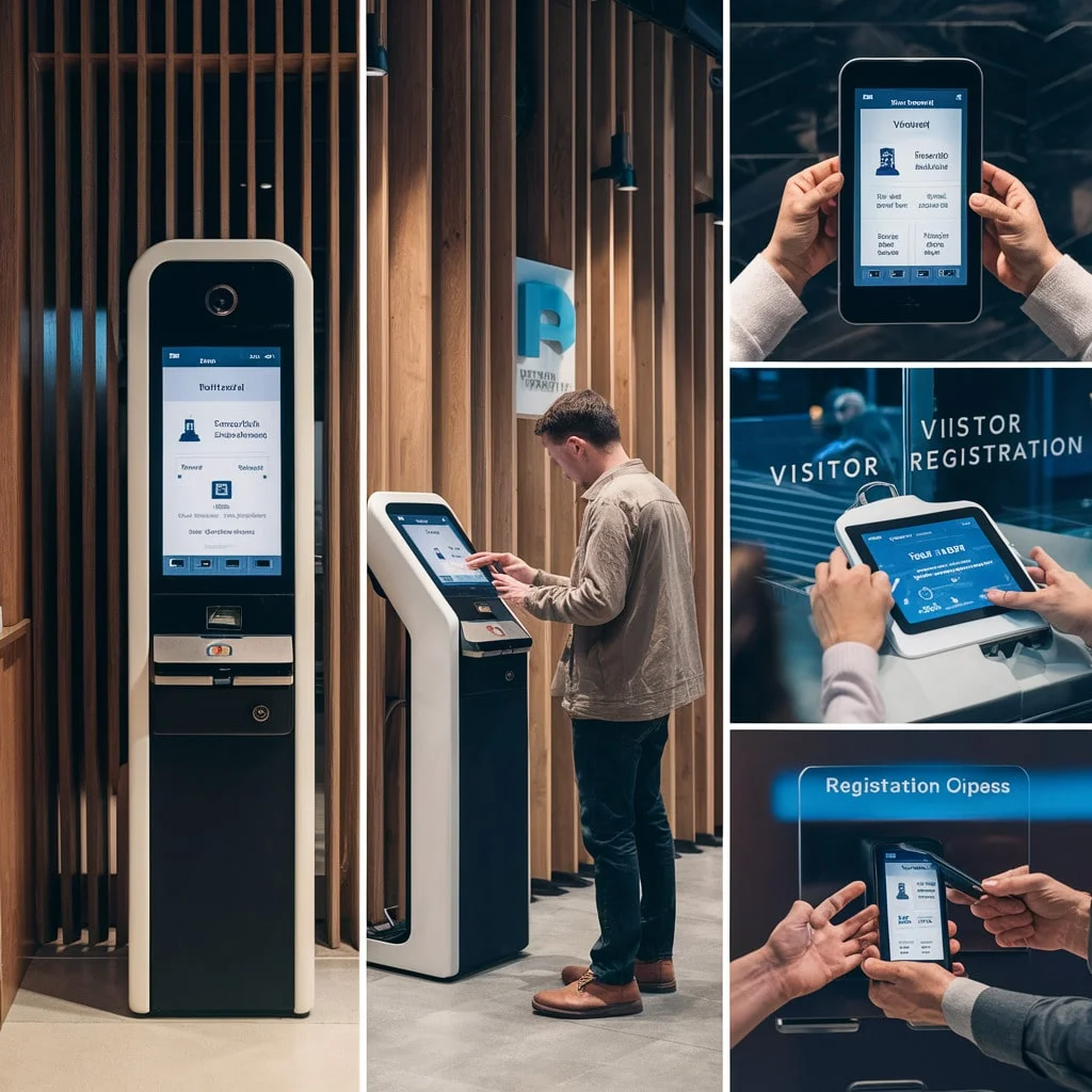 Visitor using a self-service kiosk visitor management system at reception