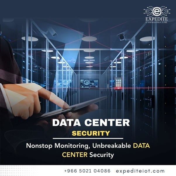 Data center security banner with a technician in a server room
