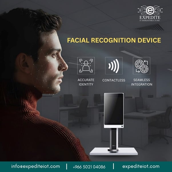 Man using a facial recognition device