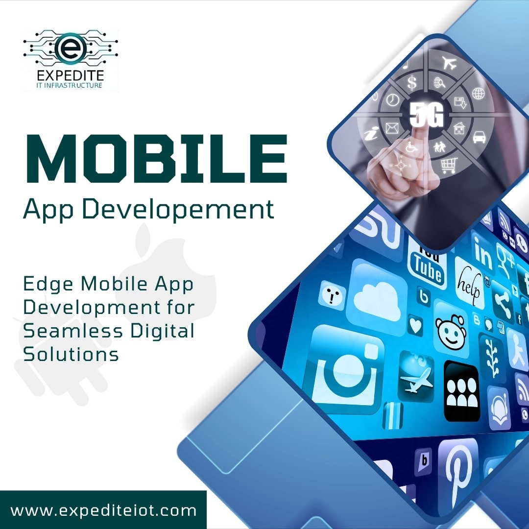 Mobile app development graphic with app icons