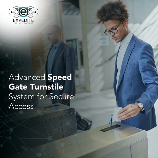 Man passing through a speed gate turnstile